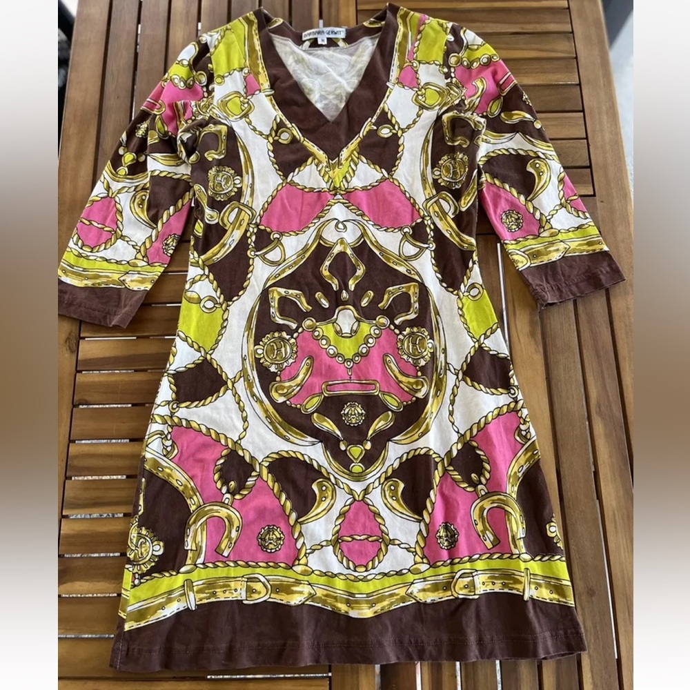 Barbara Gerwit Dress M V-Neck Brown Pink Gold Green Cotton Lycra Vintage Womens